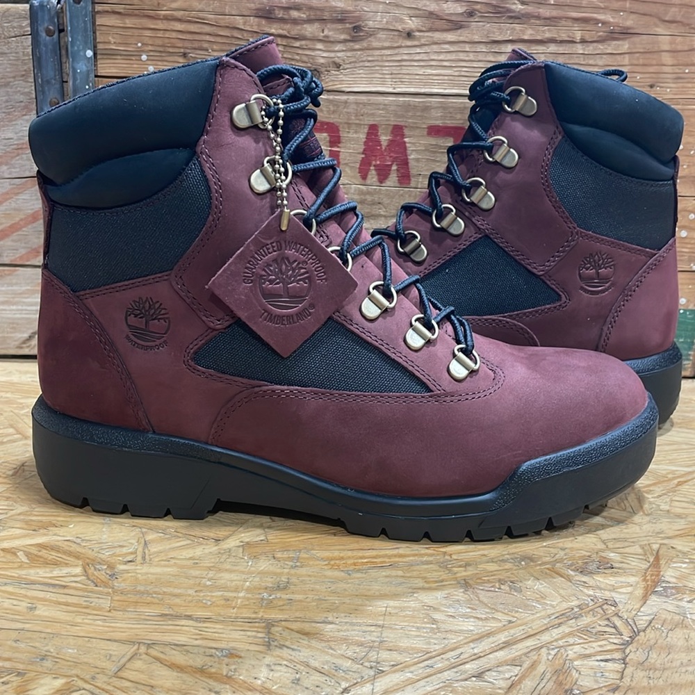 Brand new Waterproof Timberland 6” field boot in burgundy nubuck.